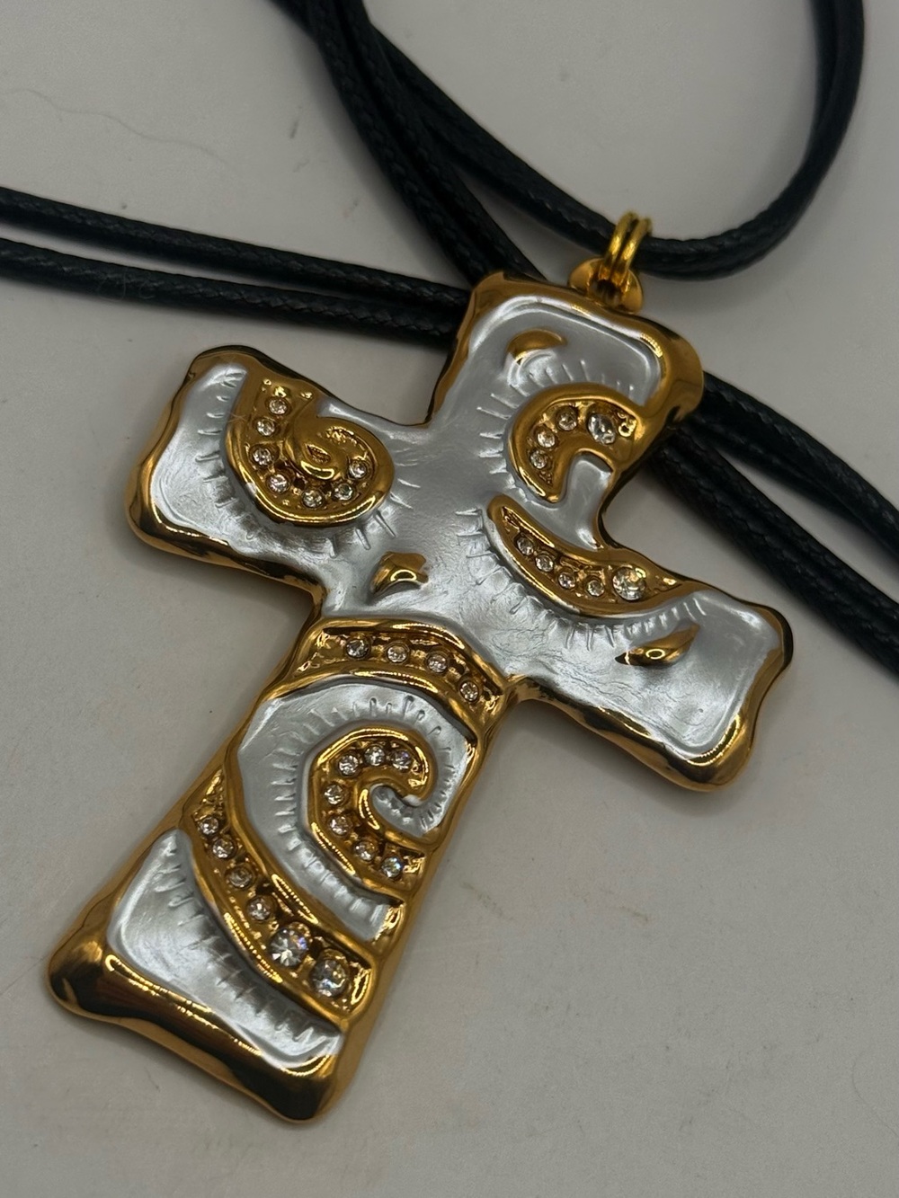 Gold-Tone and White Enamel Cross Pendant Necklace with Rhinestones